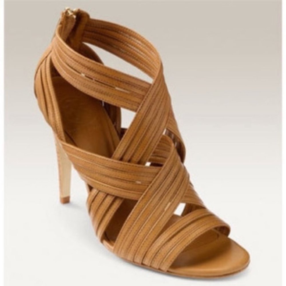 TORY BURCH Liv Crisscross Tan Leather Sandal Heels Size 11